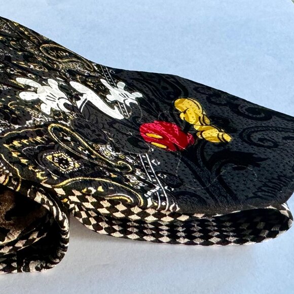 VTG NECKTIE DISNEY LEEDS INT'L MICKEY MOUSE PAISLEY PRINT SILK BLACK BEIGE RED - Picture 4 of 10